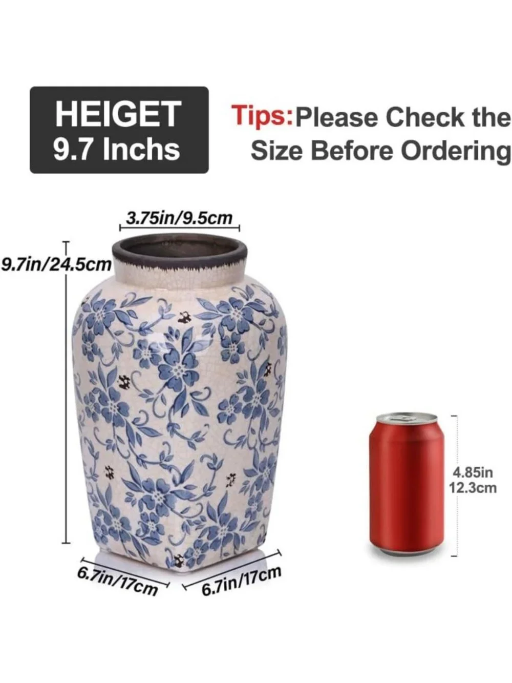 Vintage Blue and White Floral Vase - 9.7